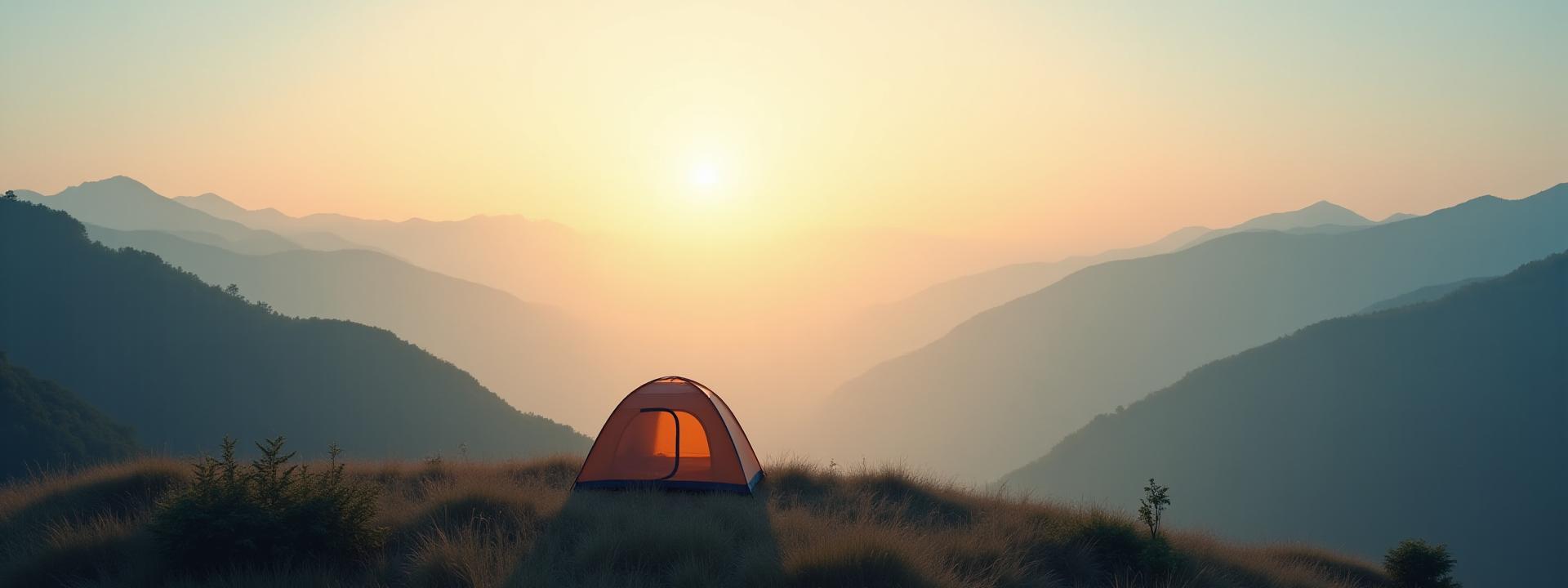荘厳な自然の中に佇む登山中の人々と小さなテントの遠景。山脈が広がり、朝焼けの光が差し込む