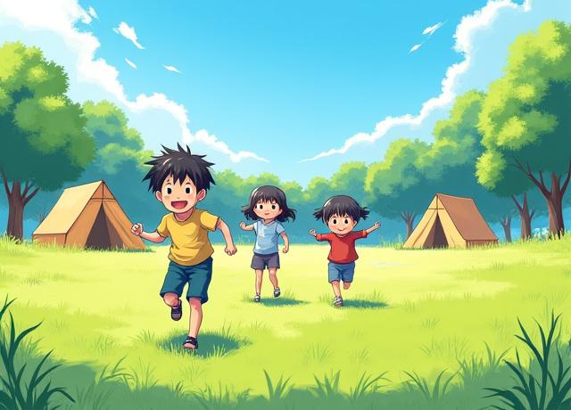 青空の下、キャンプサイトで子供たちが楽しそうに遊んでいる昼間の様子。