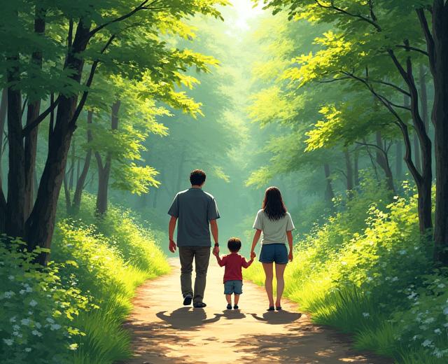 親と子が手をつないで、緑豊かな森の中のハイキングトレイルを歩いている後ろ姿。