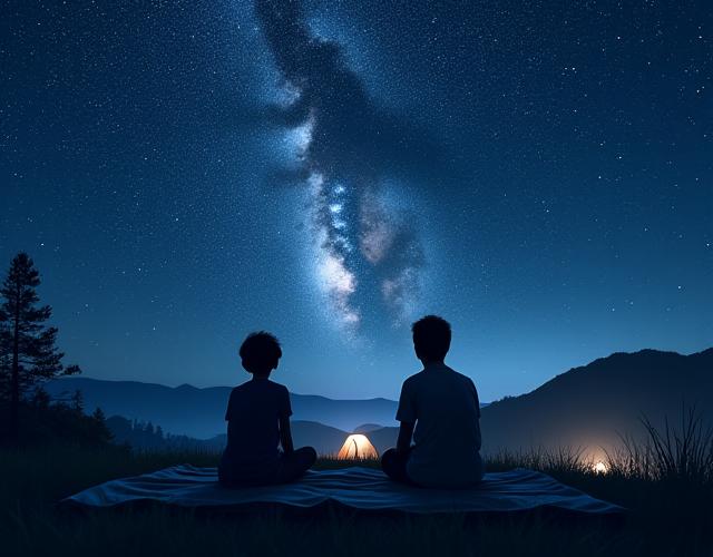 親子が夜空を見上げて満点の星を眺めているシルエット。