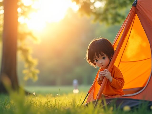 朝の光が差し込むテントの前で、小さな子供が背伸びをしている可愛らしい風景。