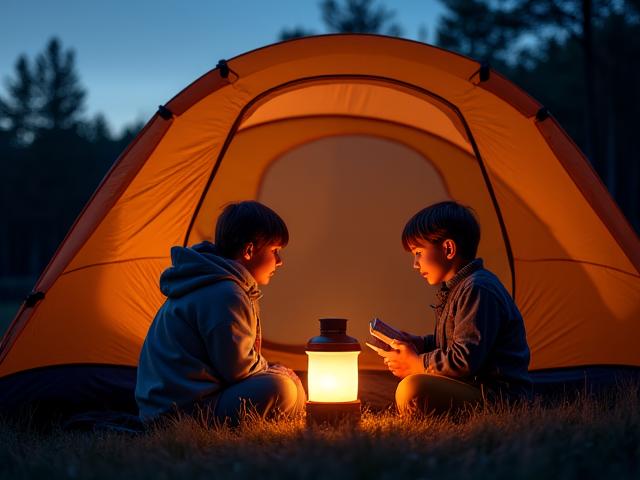 LEDランタン Lumi-Safe がテント内で優しく暖かく光る様子。