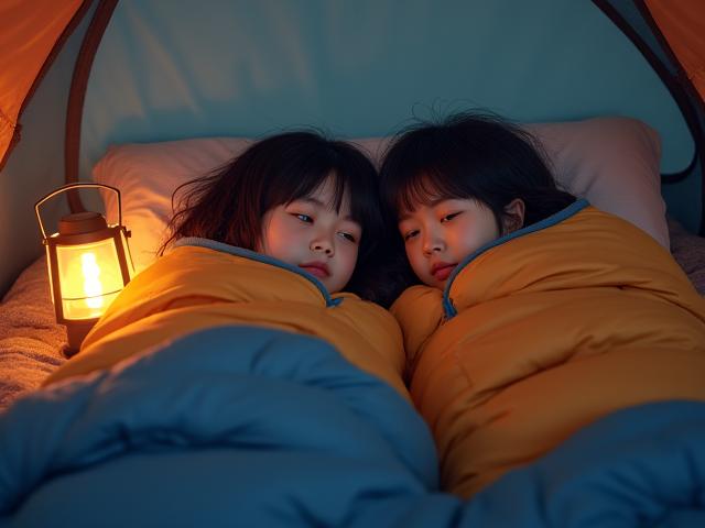 連結されたConnect-a-Bag寝袋の中で、親子が川の字になって暖かく眠っている様子。