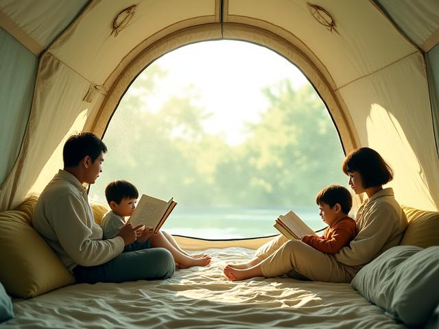 広々としたファミリーテント Family Basecamp 4+ の内部で、家族がくつろいでいる様子。