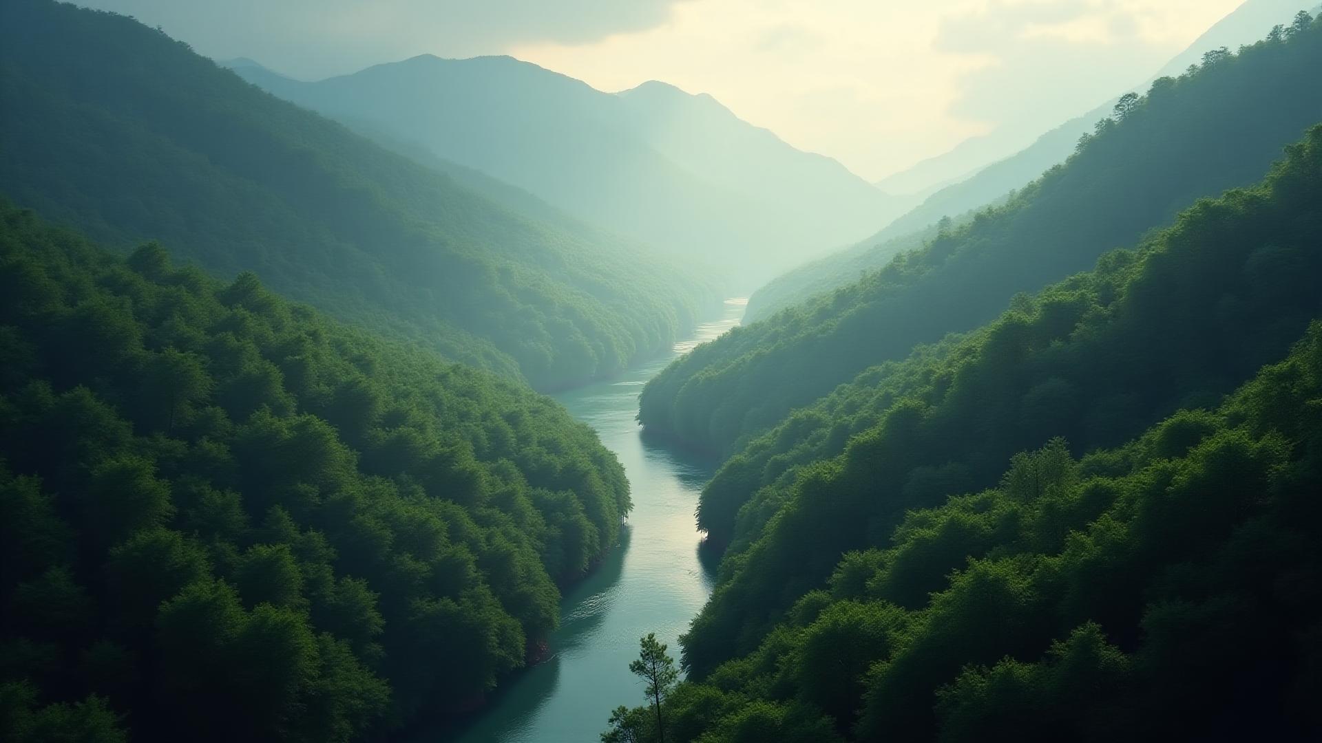 手つかずの美しい森と山々の空撮
