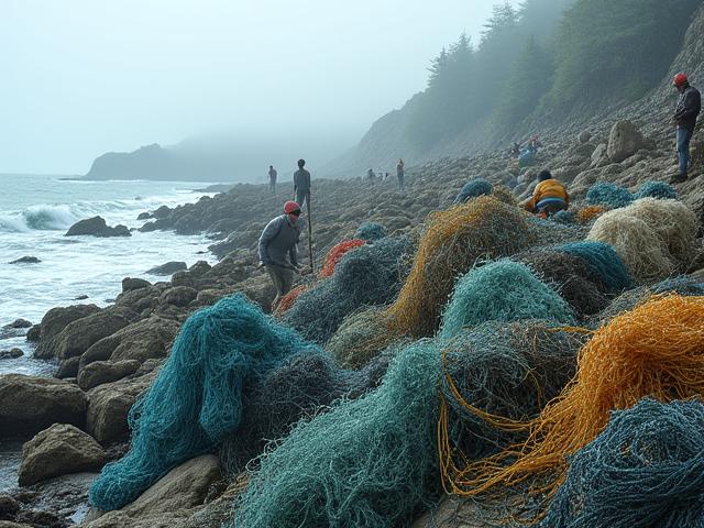 海から回収される大量の廃棄漁網