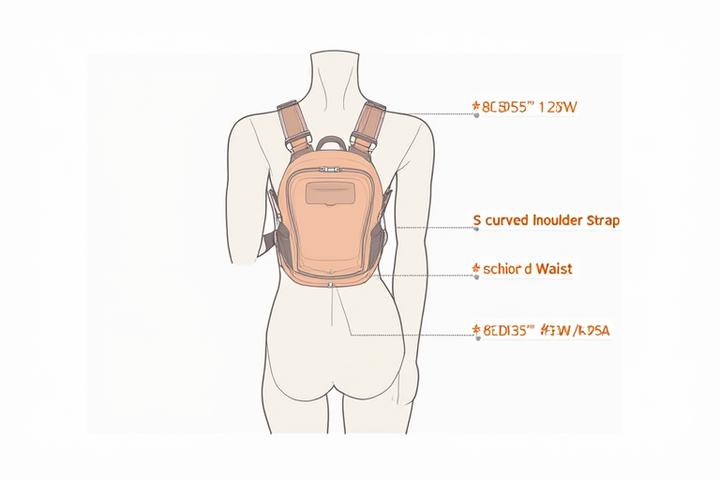 女性の体型に合わせた、S字カーブのショルダーストラップとウエストラインが絞られたジャケットの図解