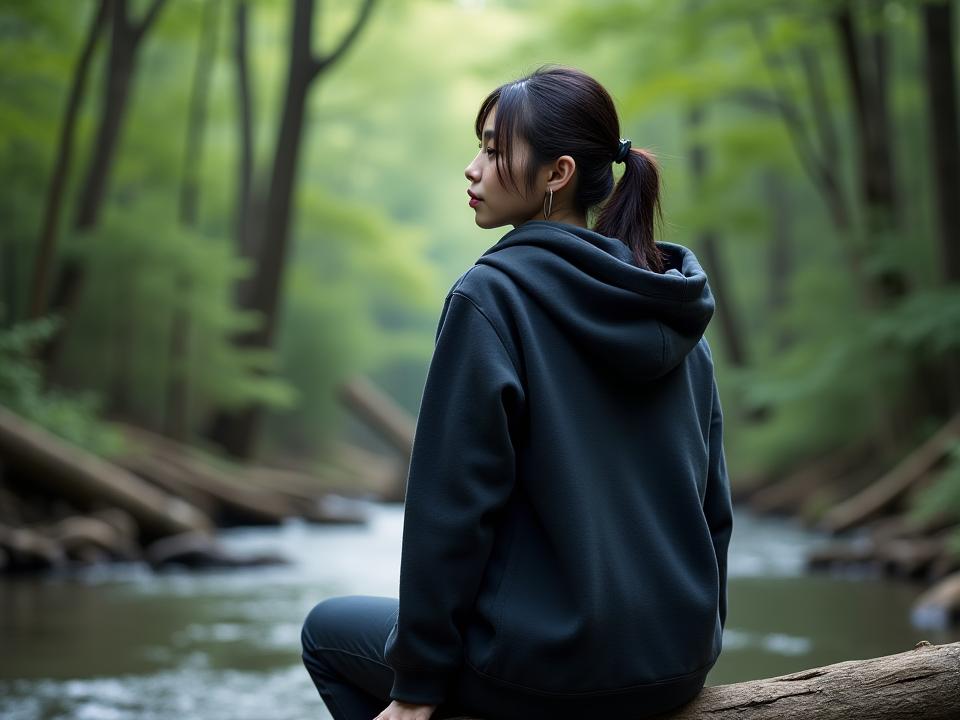 豊かな森の中、Dynamic Fleece Hoodieを着用しリラックスした様子の女性