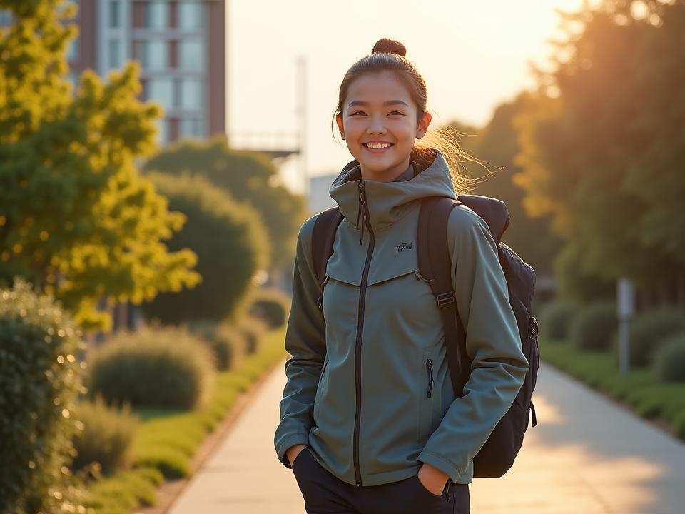 都会の公園で、Starlight Shell JacketとTrekker's Stretch Pantsを着用し笑顔で歩く女性