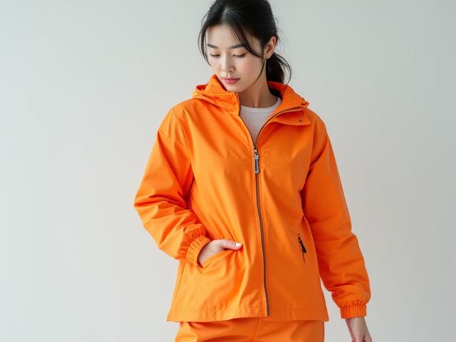 鮮やかなオレンジ色のStarlight Shell Jacketを着用した女性